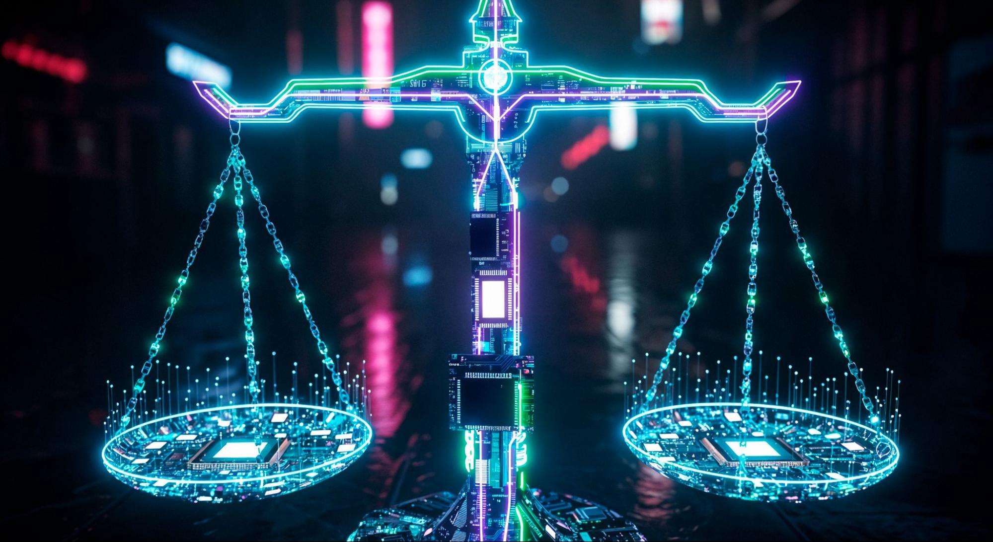 Justice balance scale in a high tech cyberpunk style