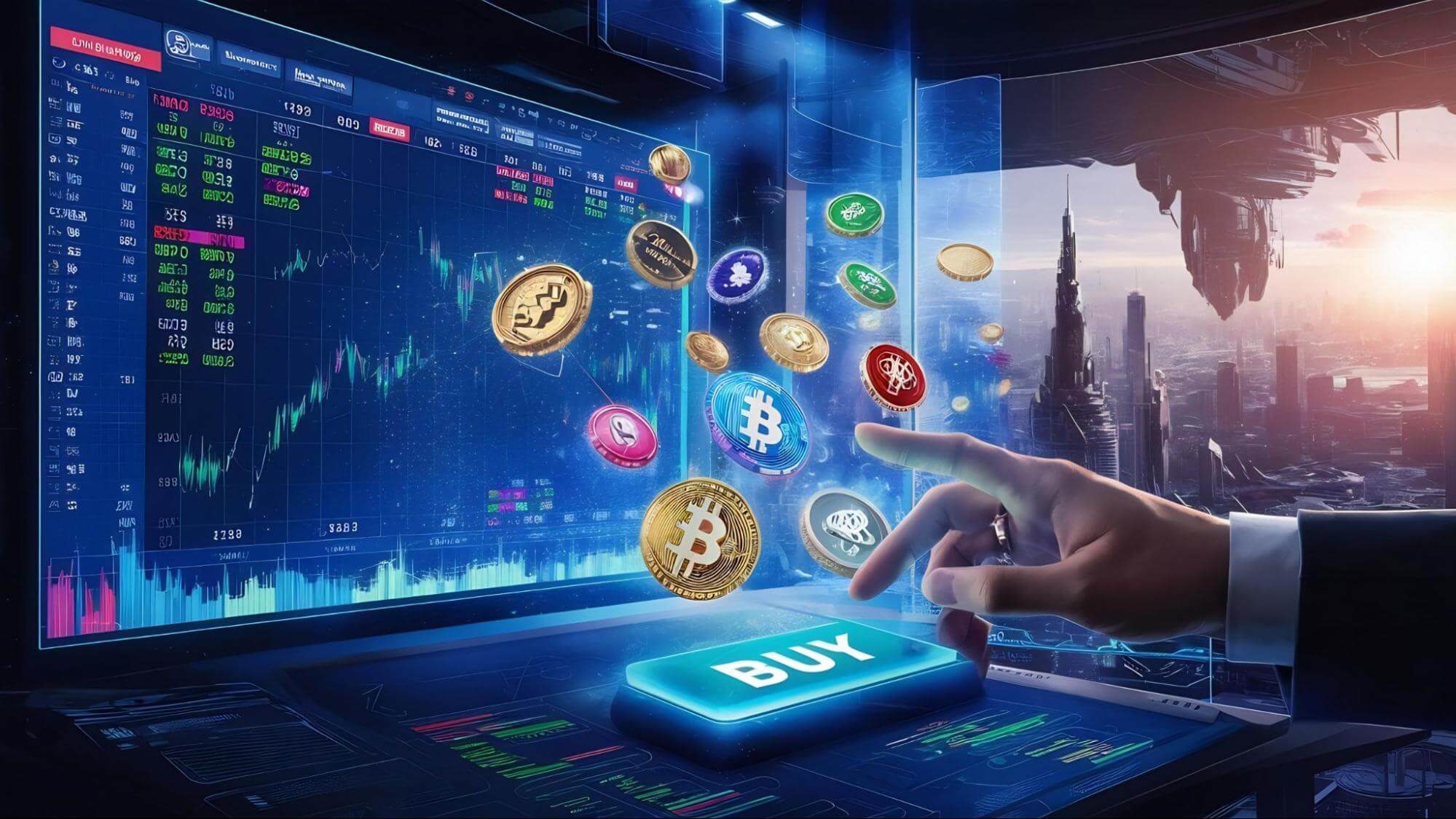 Image of a man in a suit clicking buy on cryptocurrency with a futuristic city skyline and a screen showing trading indicators in the background.