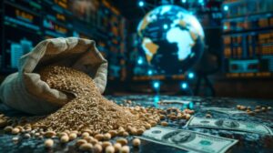 Image of a bag of soy, commonly seen in commodities CFD trading markets, spilled onto a surface with US dollars, with a world globe and trading indicator charts in the background.