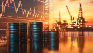 Commodity mechanics illustration graphic depicting oil barrels, a common commodity, with a trading candlestick chart and an oil rig in the background.