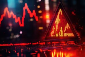 Graphic of red warning sign with a line graph in the background meant to illustrate forex risk.