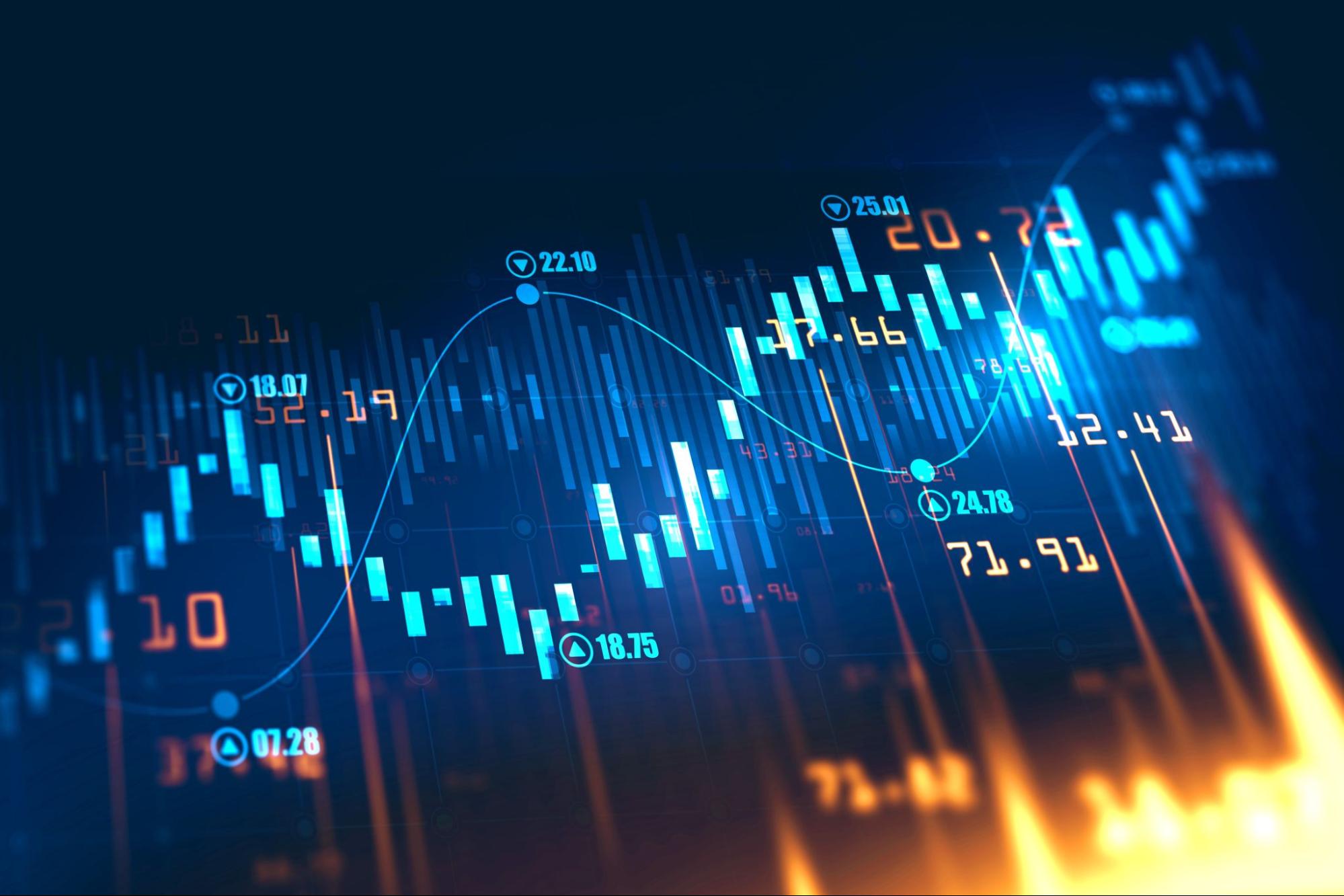 Graphic showing financial data and a trading candlestick chart.